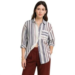 Women’s Madewell Shirred Button-Up Shirt in Linen-Cotton in Striped White L NWT